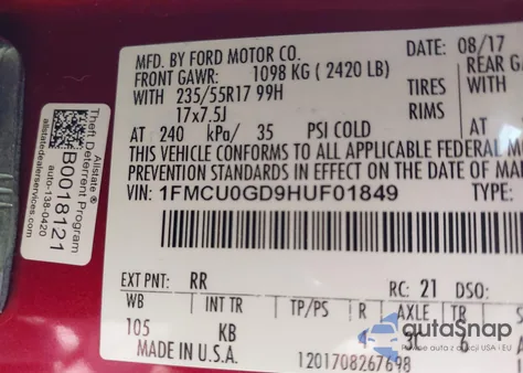 2017 Ford Escape Se z USA, uszkodzony, nr VIN 1FMCU0GD9HUF01849